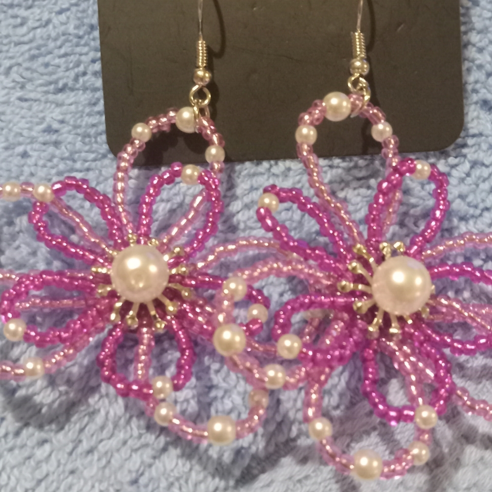 Elegant Pink Beaded Flower Earrings